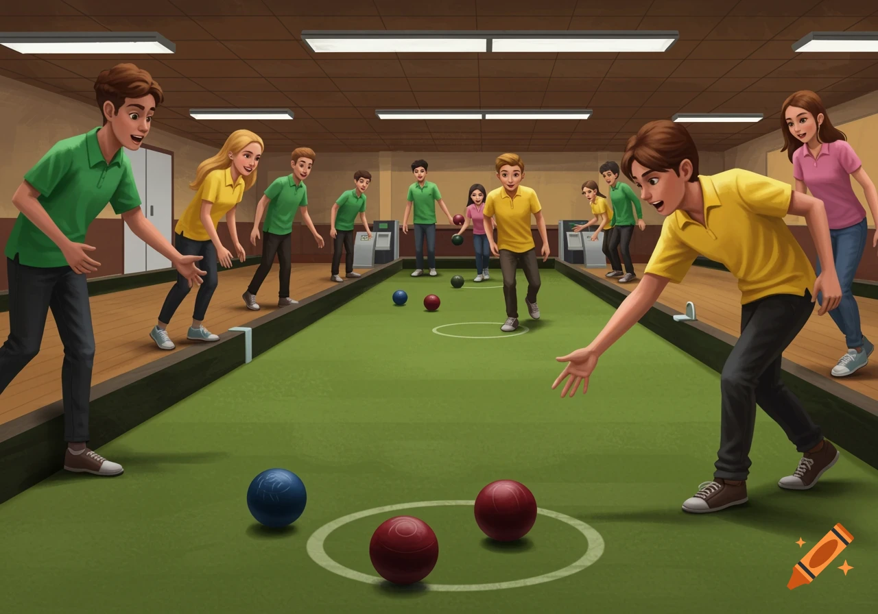 Teenagers in green and yellow shirts playing indoor bowls in a brightly lit alley, in a cartoon style.