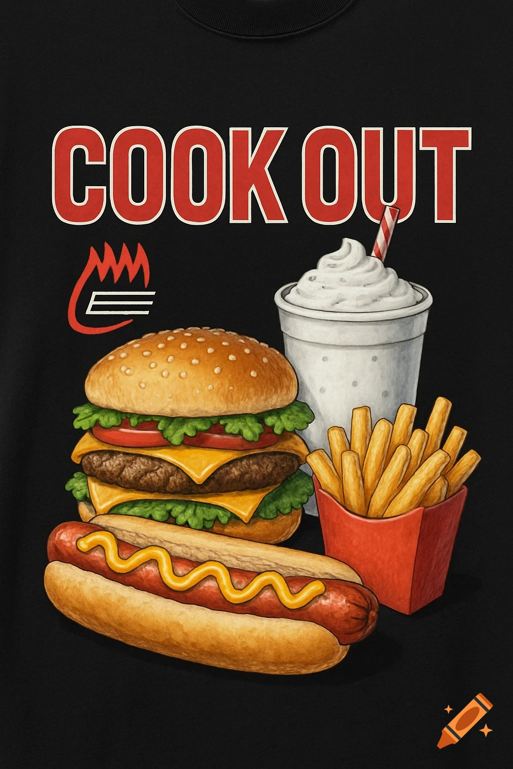 An illustration of fast food, including a double cheeseburger, hot dog with mustard, fries, and a milkshake, with the text 'COOK OUT' and a flame logo above them on a black background.