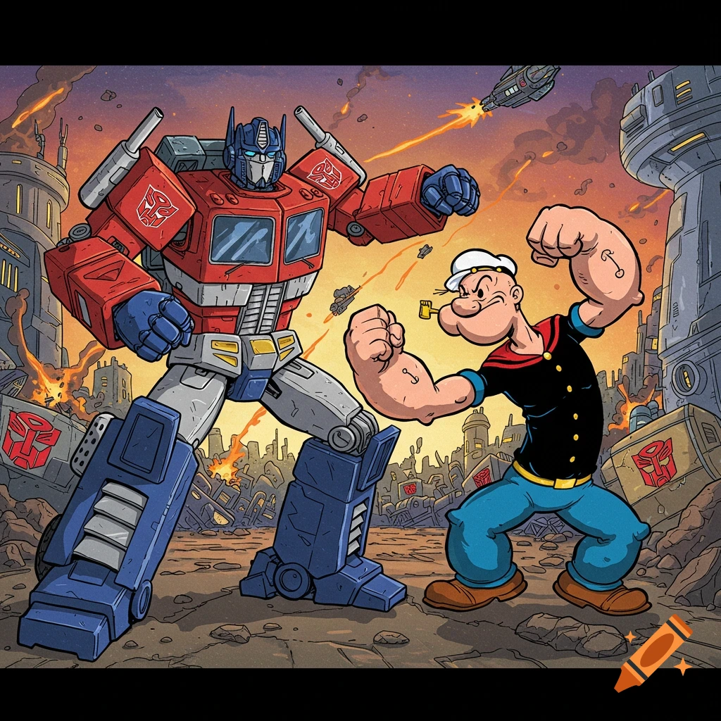 Optimus Prime and Popeye the Sailor Man face off in a dramatic, stylized comic art battle scene amidst a destroyed city.
