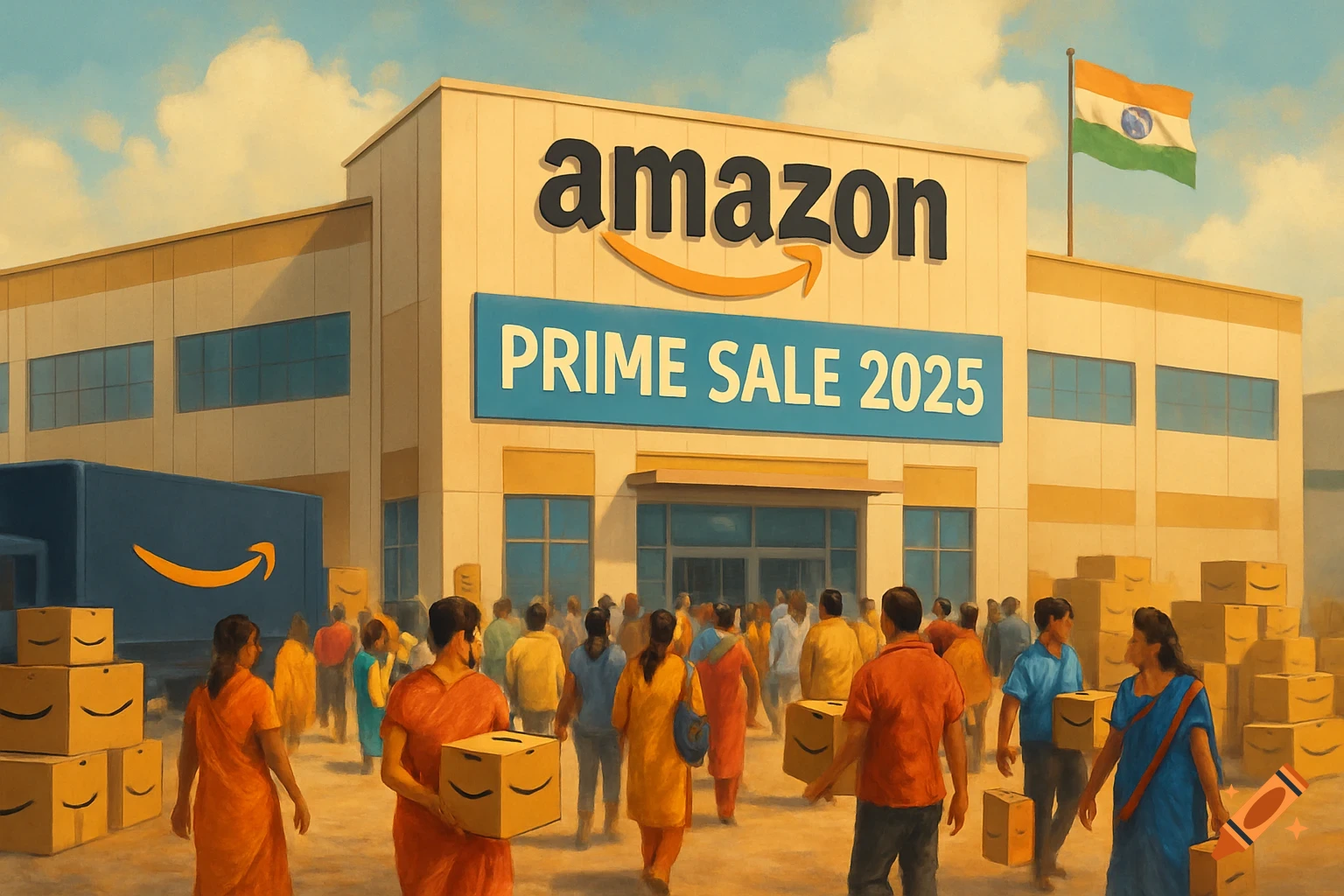 A vibrant painting of an Amazon warehouse in India during a Prime Sale, with customers carrying packages and an Indian flag flying above.