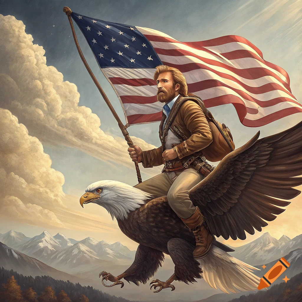 A bearded man in a brown jacket rides a majestic bald eagle, holding a large American flag over a mountain landscape, in a painted style.