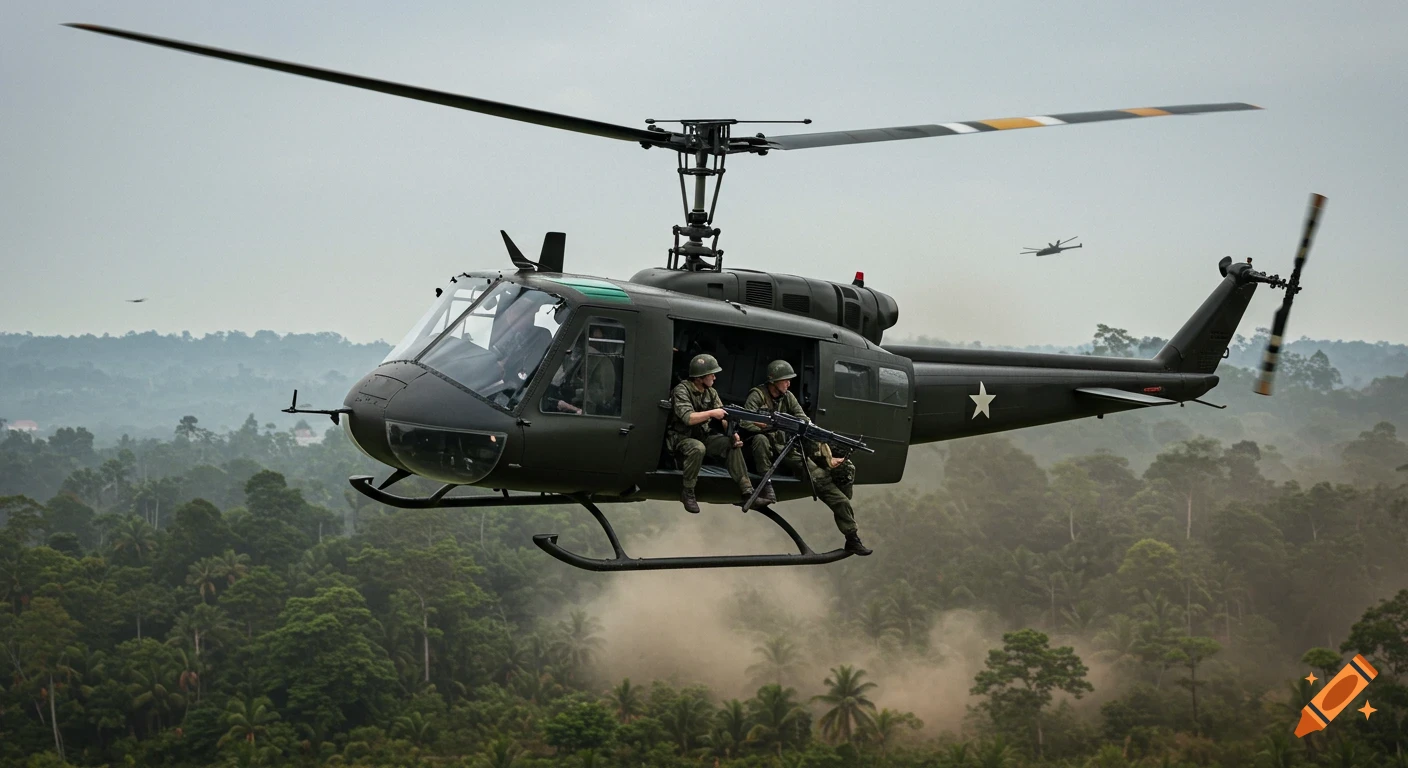 A realistic military UH-1 Huey helicopter flies low over a dense jungle, with two armed soldiers manning machine guns in open doors.