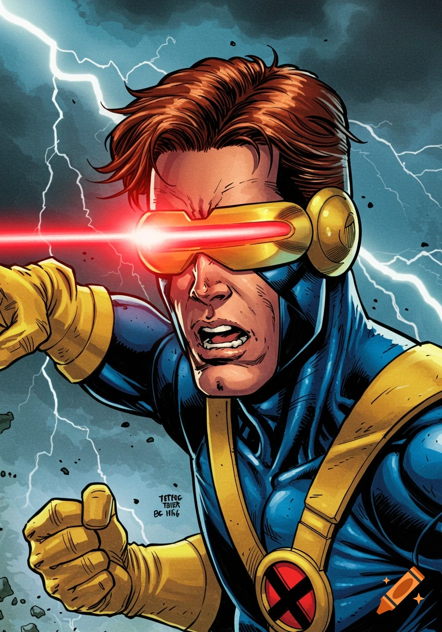 A detailed comic book style illustration of Cyclops from X-Men, firing an optic blast, with lightning in the background.