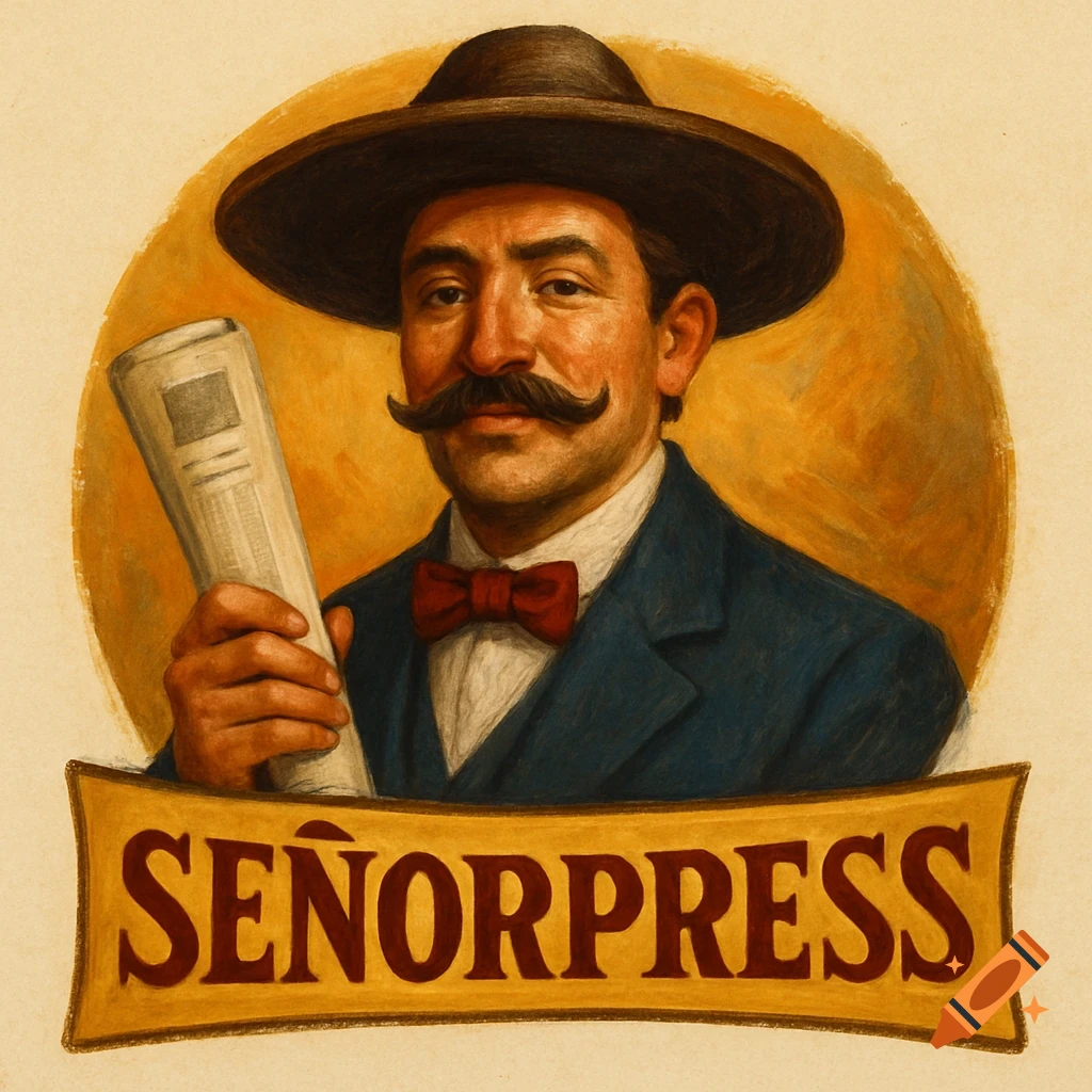 A vintage style painted portrait of a man with a large mustache and a hat, holding a newspaper, with 'SEÑORPRESS' on a banner below.