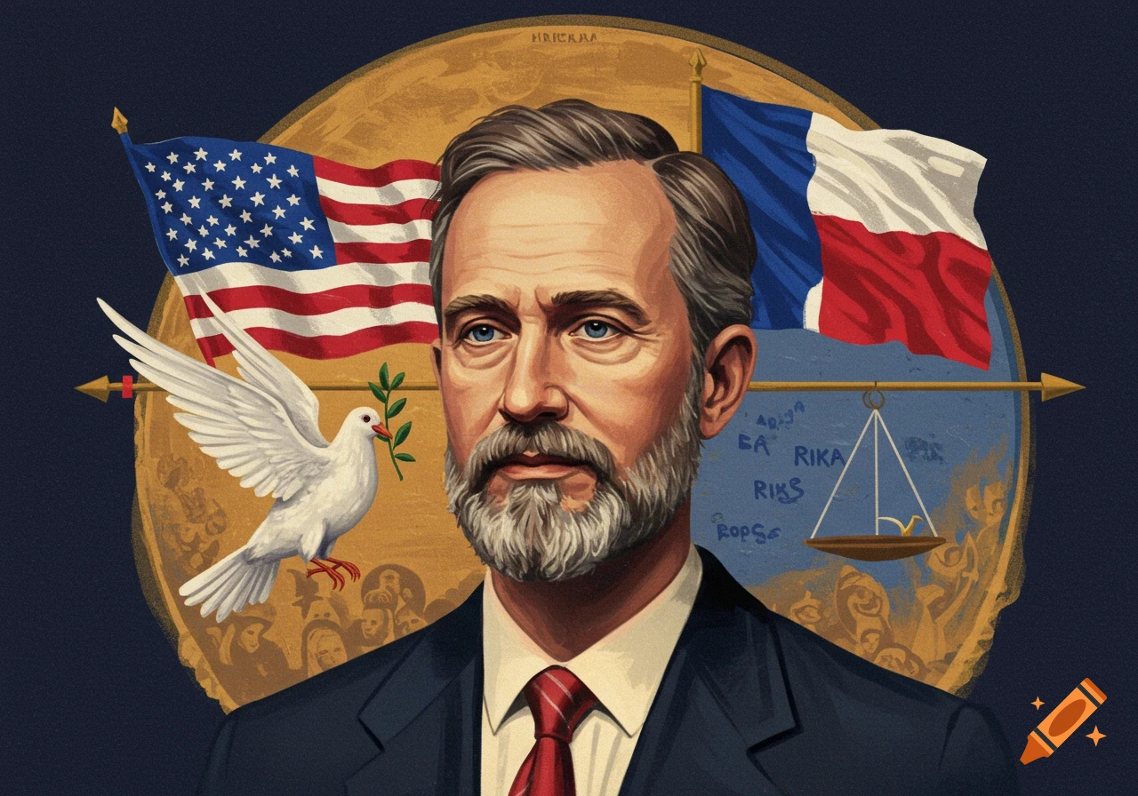 A solemn man with a beard and suit stands against a golden circle background with a US flag, a French flag, a white dove, and scales of justice.