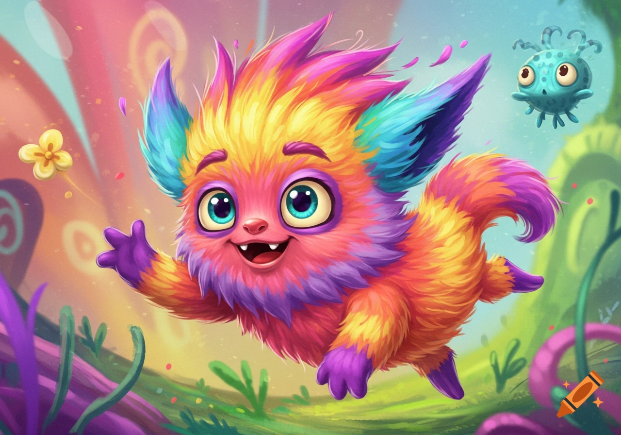 A vibrant, fluffy, multi-colored cartoon creature with big eyes and a smile, floating in a whimsical fantasy landscape with a small blue monster and yellow flower.