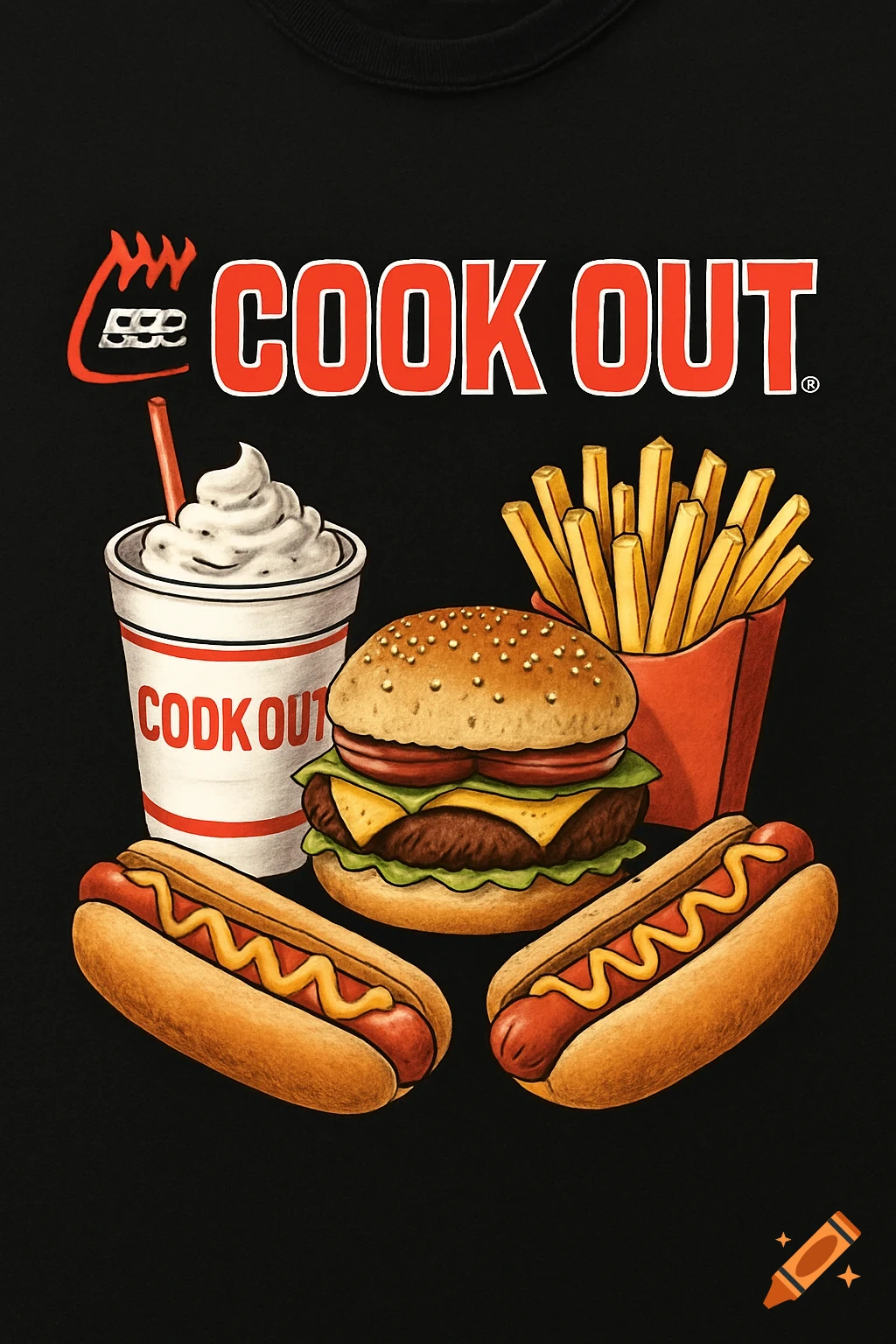A cartoon illustration of fast food items including a hamburger, french fries, two hotdogs, and a milkshake with "COOK OUT" branding, all on a black background.
