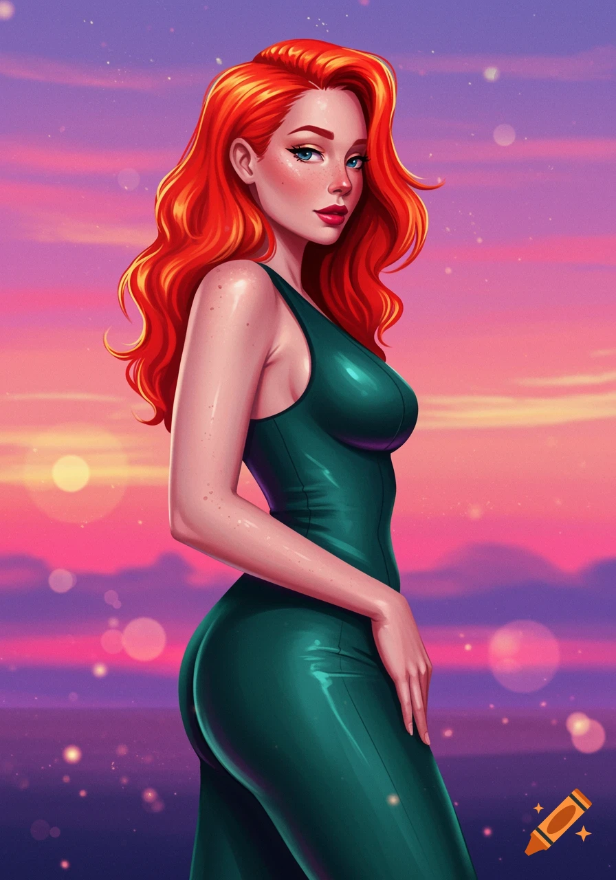 A vibrant digital illustration of a red-headed woman in a teal jumpsuit against a pink and purple sunset sky.