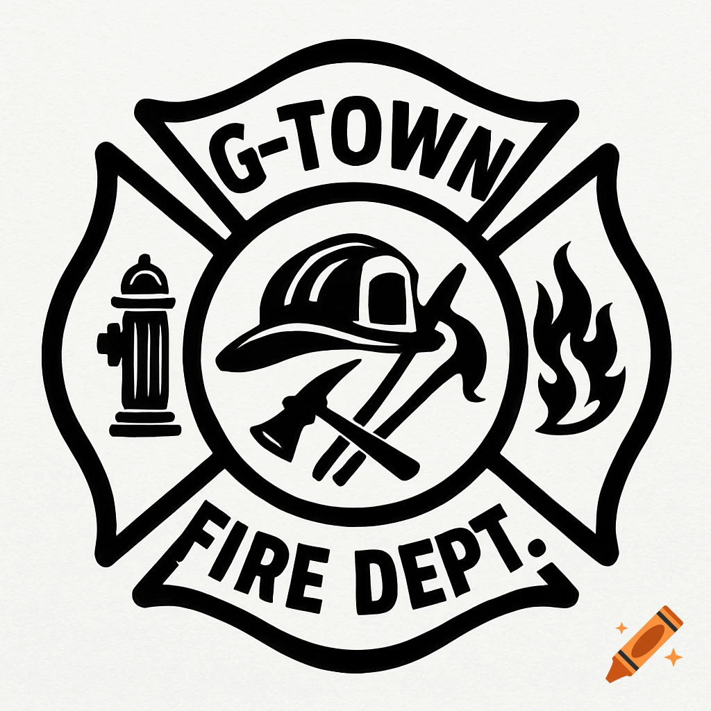 Black and white G-Town Fire Dept. logo with a fire helmet, axe, pike pole, hydrant, and flames inside a Maltese cross.