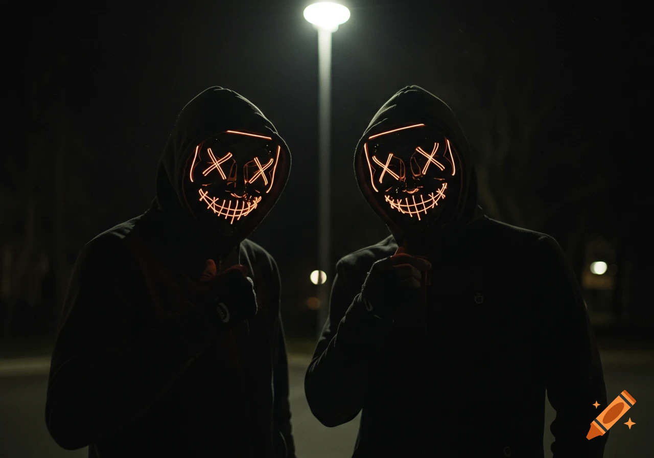 Two figures in black hoodies wearing glowing orange 'X' eyed masks stand at night under a streetlamp. Photorealistic, cinematic style.