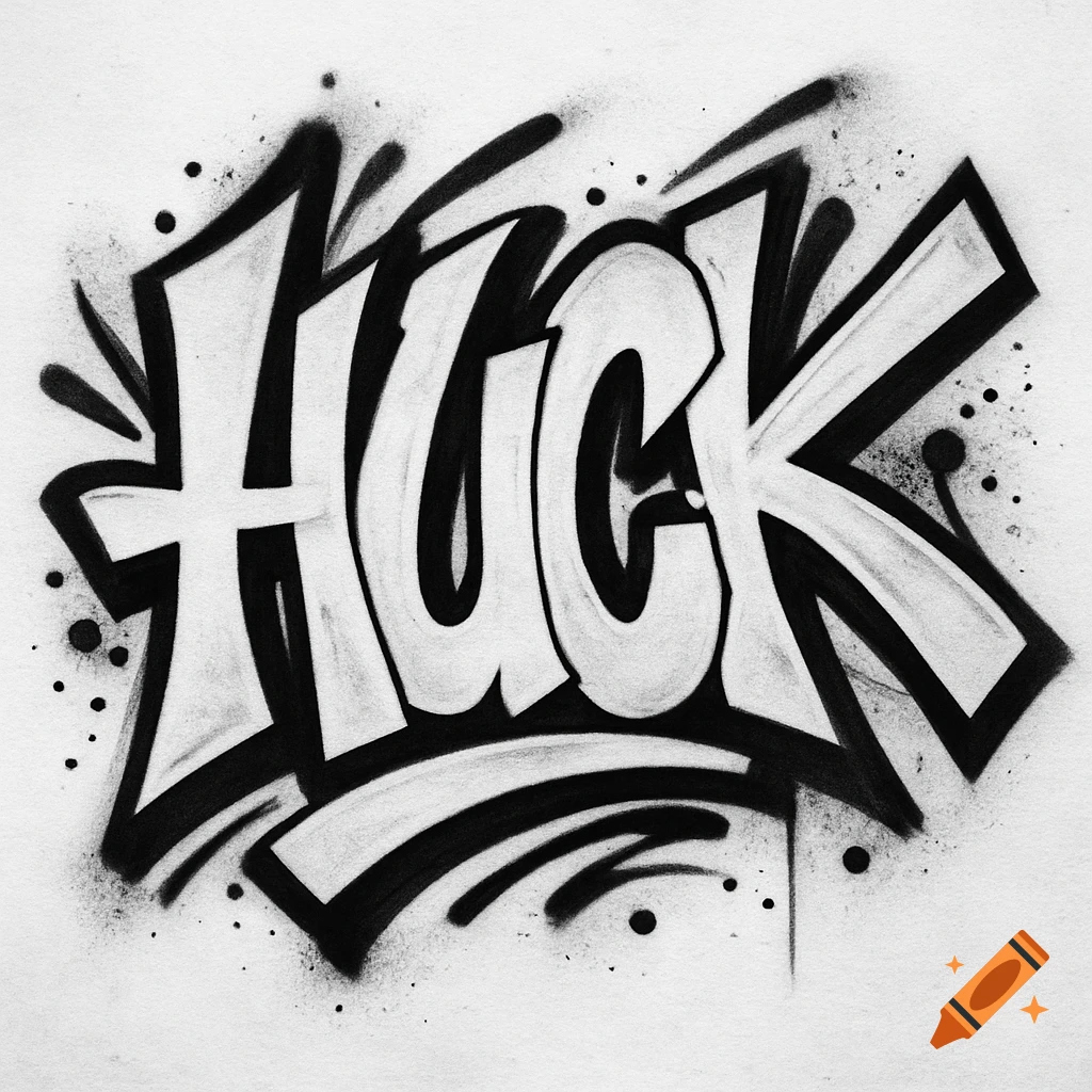Black and white graffiti art displaying the word 'HUCK' with spray paint effects.