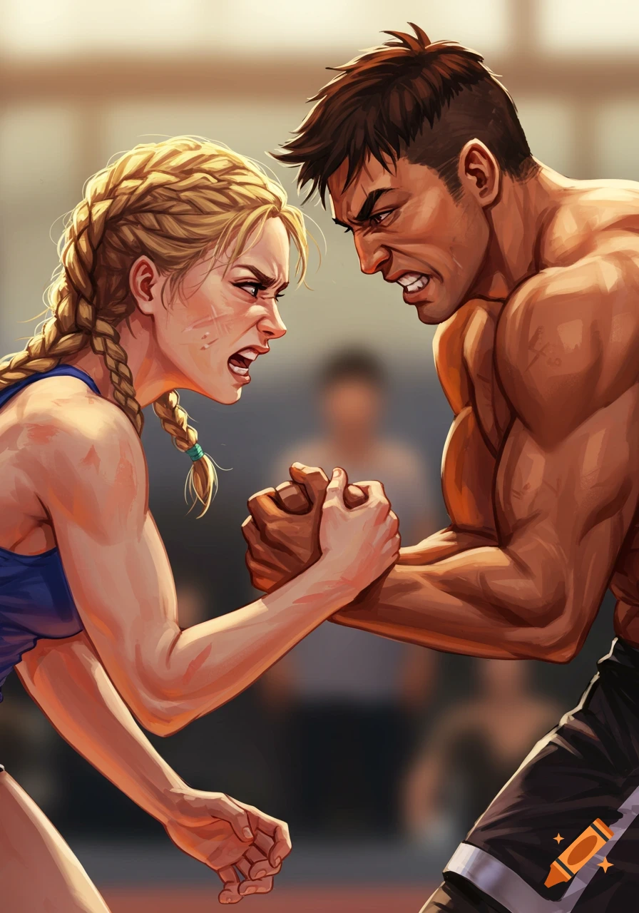 Stylized digital illustration of a man and woman intensely arm wrestling in a gym.