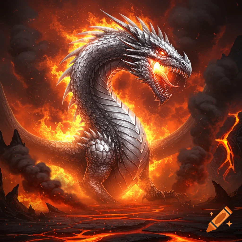A silver dragon with glowing red eyes breathes fire amidst a fiery, volcanic landscape with lava cracks.