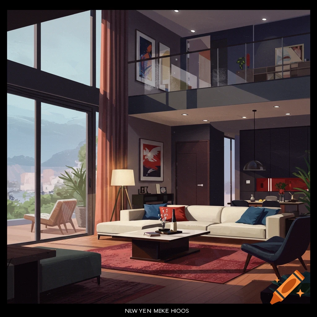 A modern, stylish, high-ceiling living room with a white sofa, red rug, and large windows looking out to a patio.