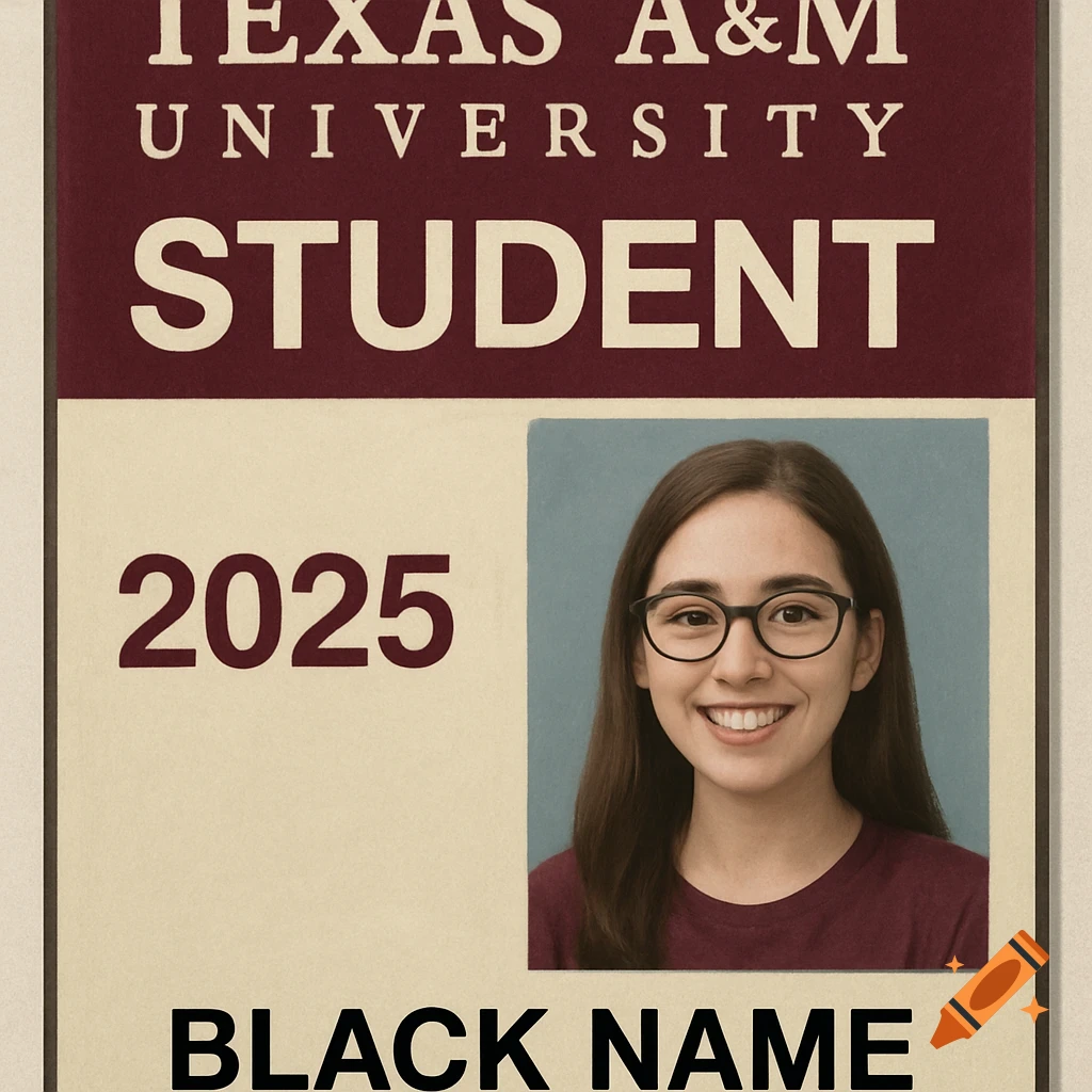 A close-up photorealistic image of a Texas A&M University student ID card featuring a smiling female student, the year 2025, and the name 'BLACK NAME'.