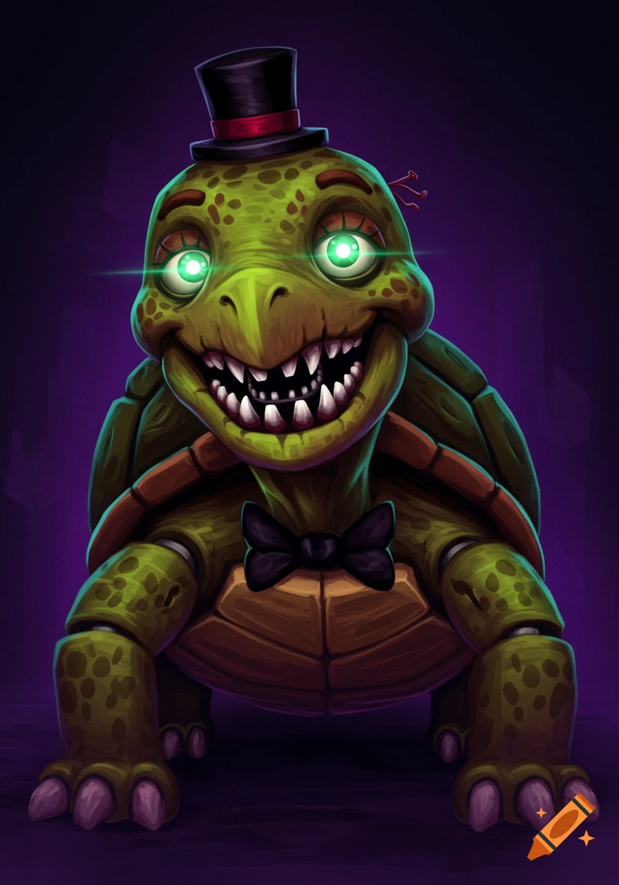 A creepy, cartoonish green turtle animatronic with glowing eyes, sharp teeth, a top hat, and a bow tie.