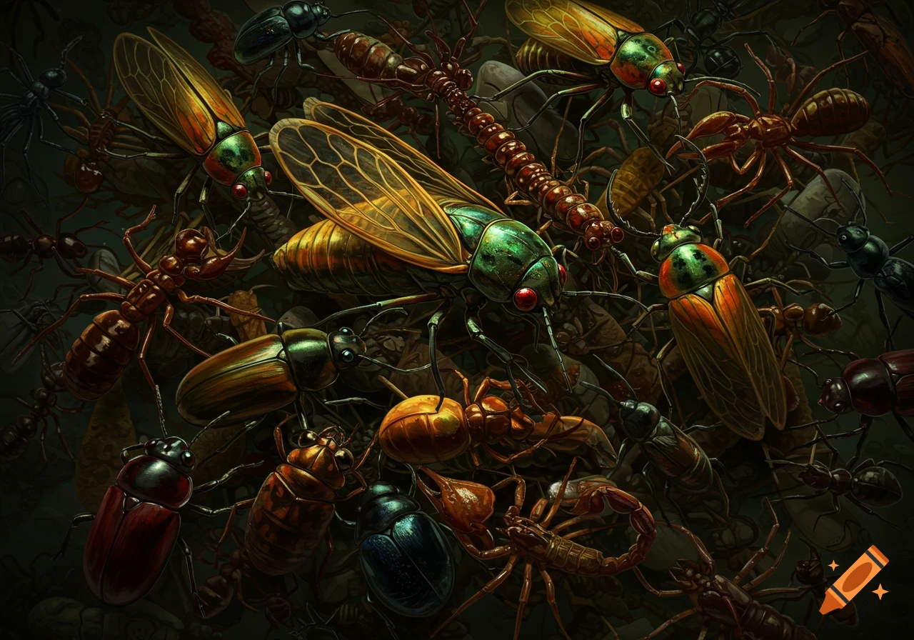 Detailed close-up of a dense swarm of colorful cicadas, ants, beetles, spiders, and scorpions in a dark environment.