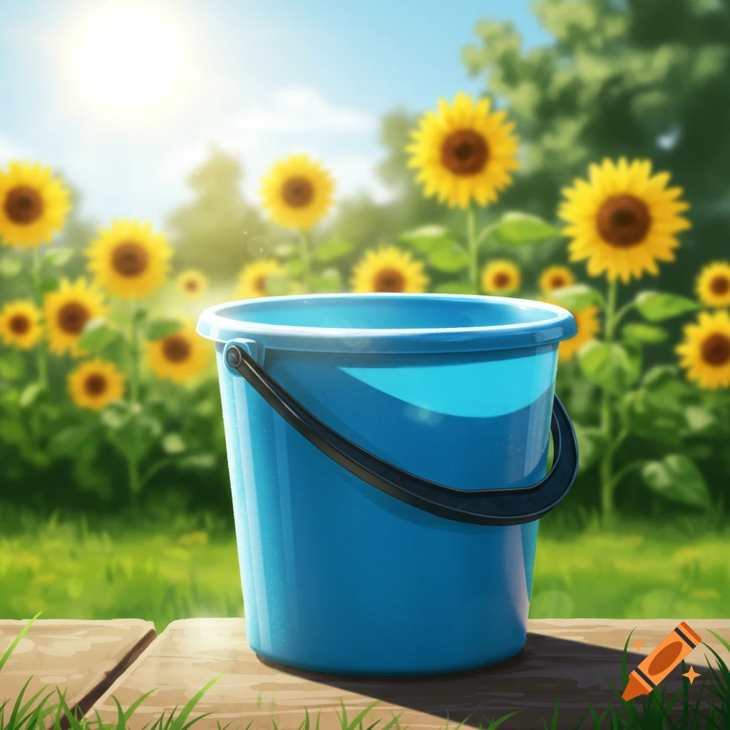 A bright blue water bucket sits on wooden planks in a sunlit field of yellow sunflowers.