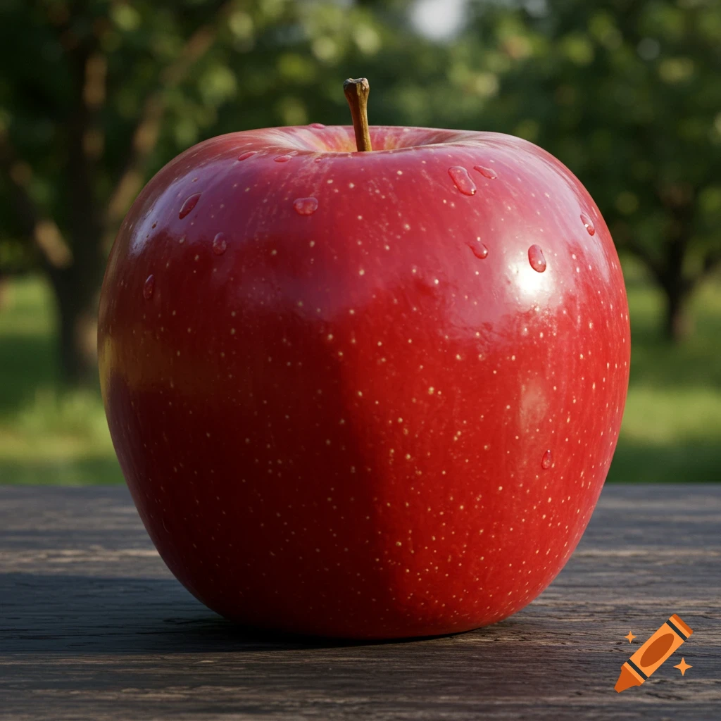 A photorealistic red apple with water droplets on a wooden table with a blurred green background.
