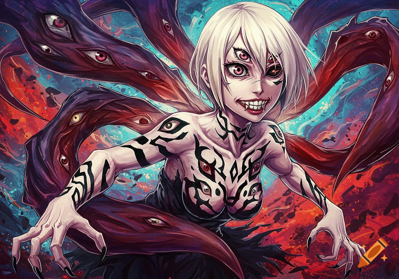An anime-style monstrous character with white hair, sharp teeth, and multiple red eyes on her face, chest, and on dark tendrils.