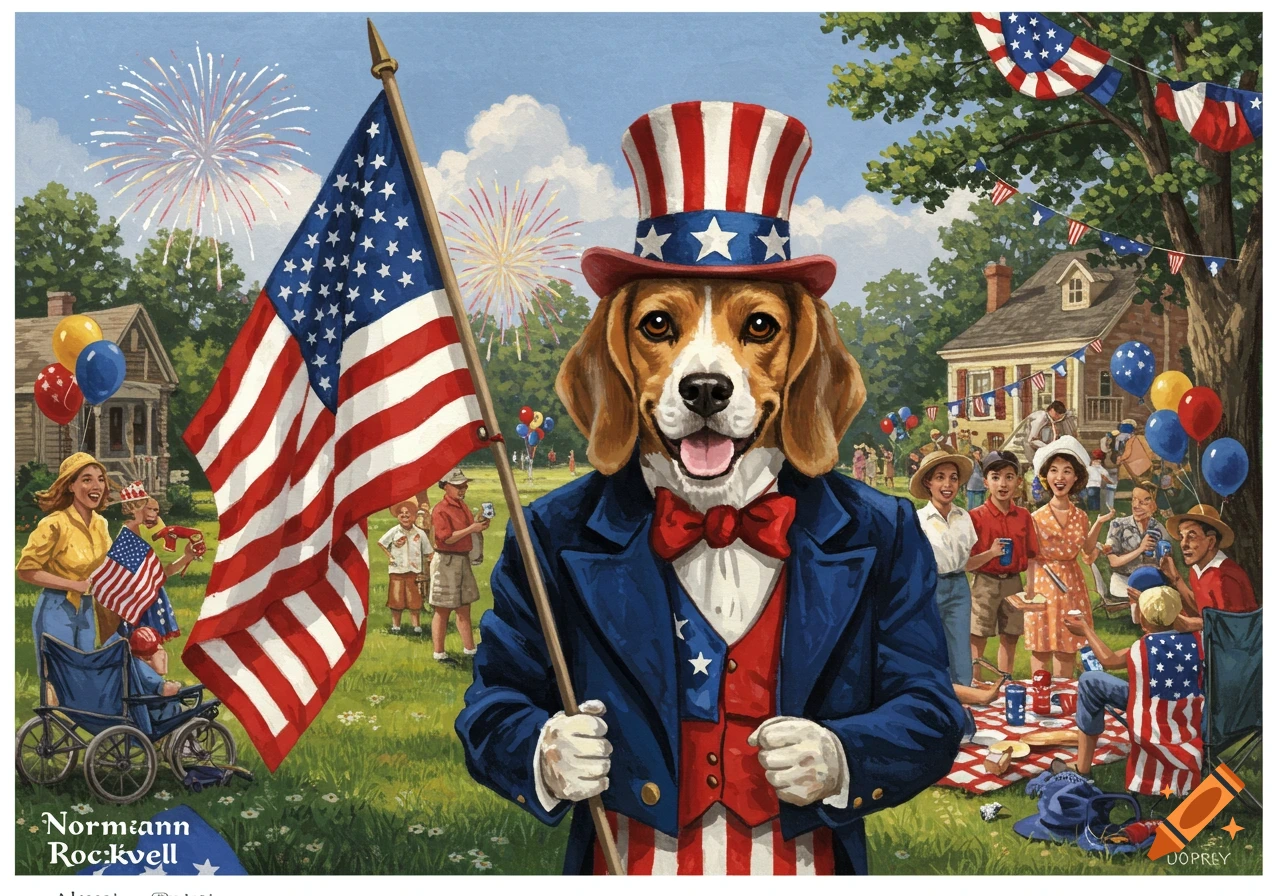 A patriotic painting of a beagle as Uncle Sam holding an American flag at a 4th of July celebration with fireworks and people.