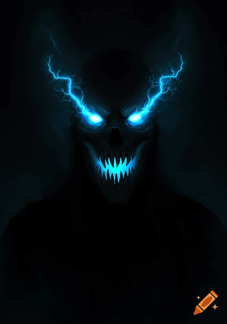 A dark, menacing skull-like phantom with glowing blue eyes, jagged teeth, and electric blue lightning emanating from its head.