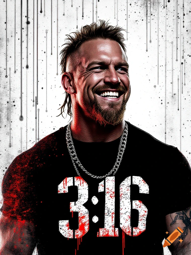 Portrait of a smiling man with a goatee and a mullet-like hairstyle, wearing a black '3:16' t-shirt and silver chains, against a white splattered background in a digital art style.