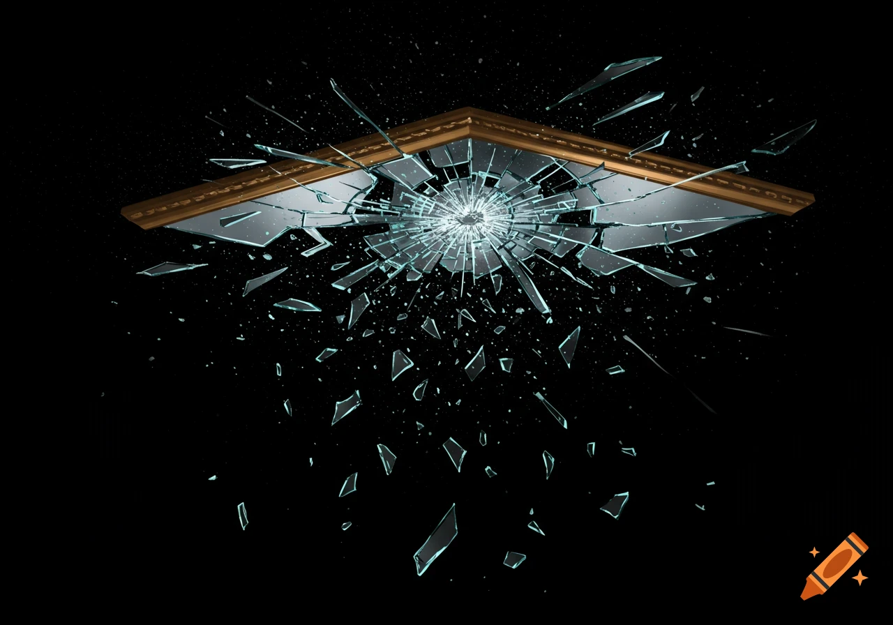 A shattered mirror frame with glass shards falling against a black background.