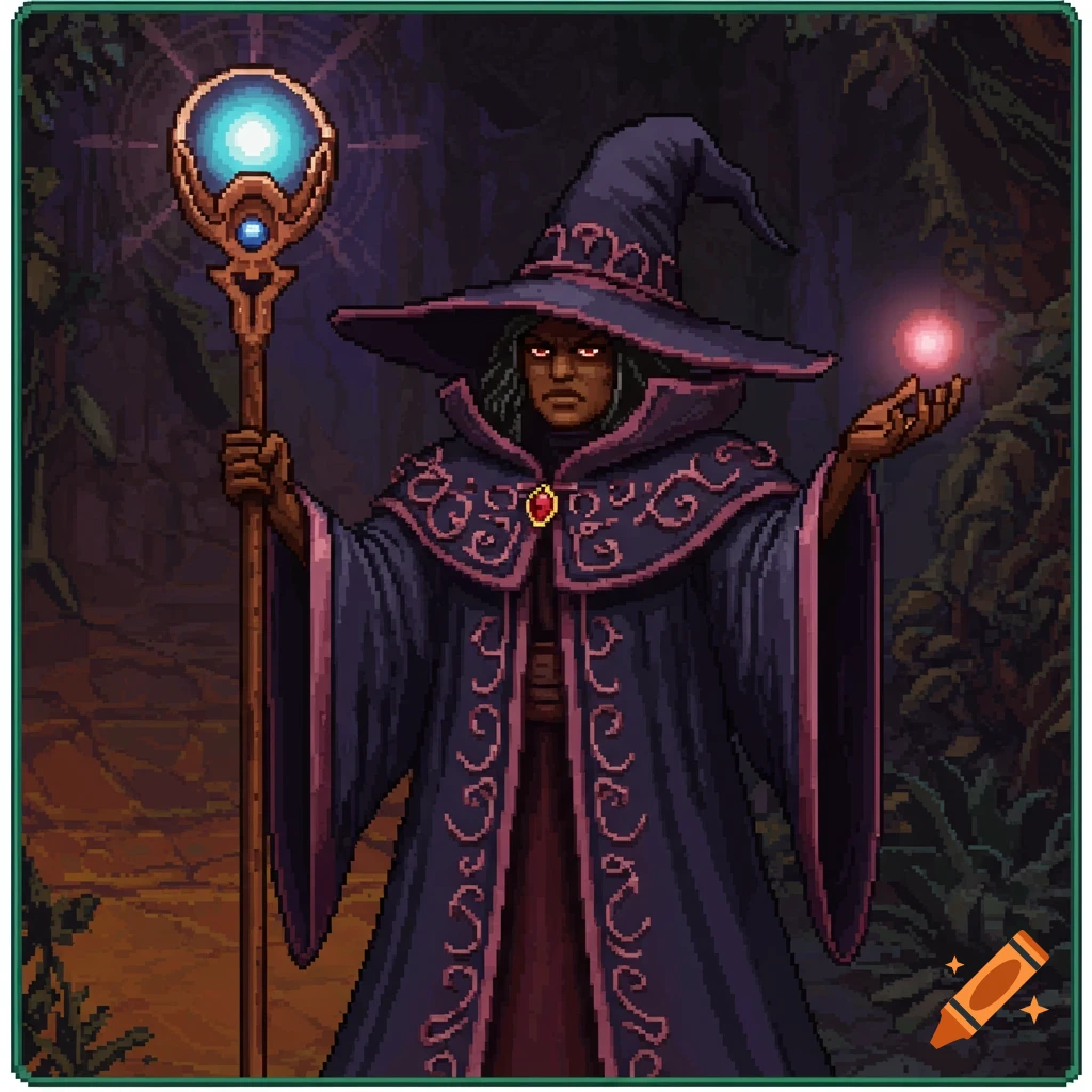 A pixel art image of a dark-skinned wizard in a purple robe and hat, holding a glowing staff and casting a red spell.