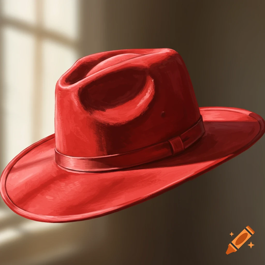 A vibrant red fedora hat with a band is illuminated by window light, casting shadows on a muted background in a painted style.