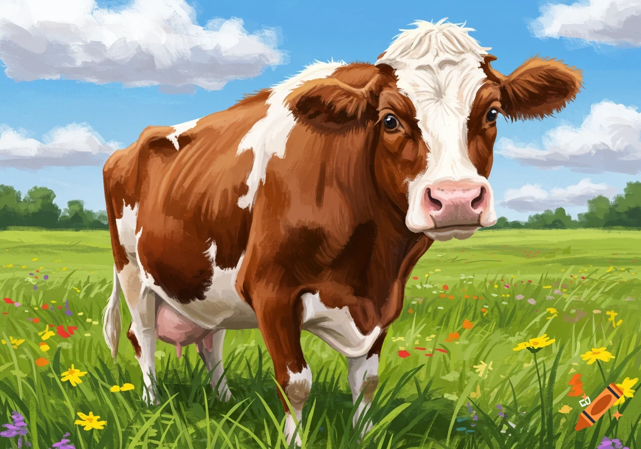 A brown and white cow stands in a vibrant green field filled with wildflowers under a bright blue sky.