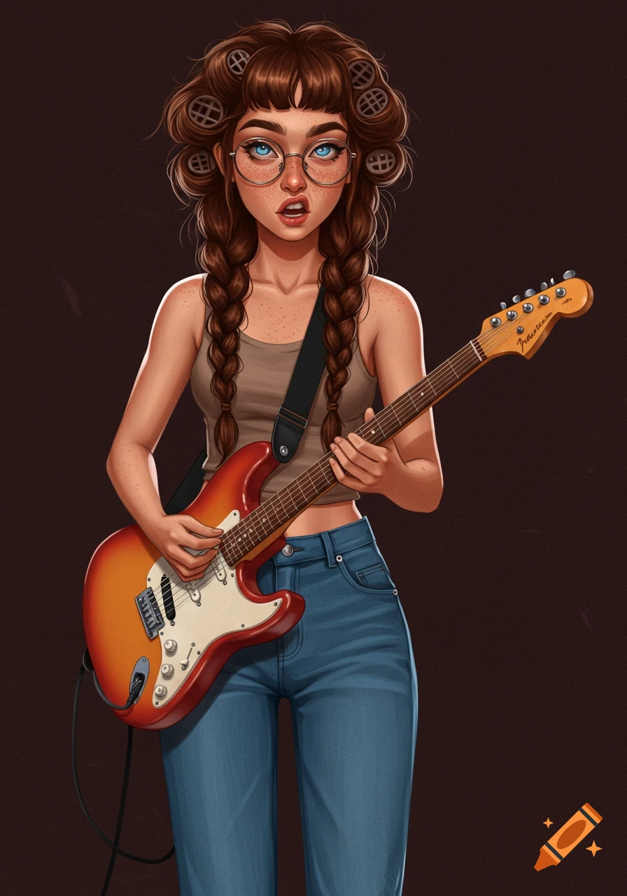 A stylized illustration of a young woman with pigtail braids and hair curlers, wearing glasses, a tank top, and jeans, playing an electric guitar.