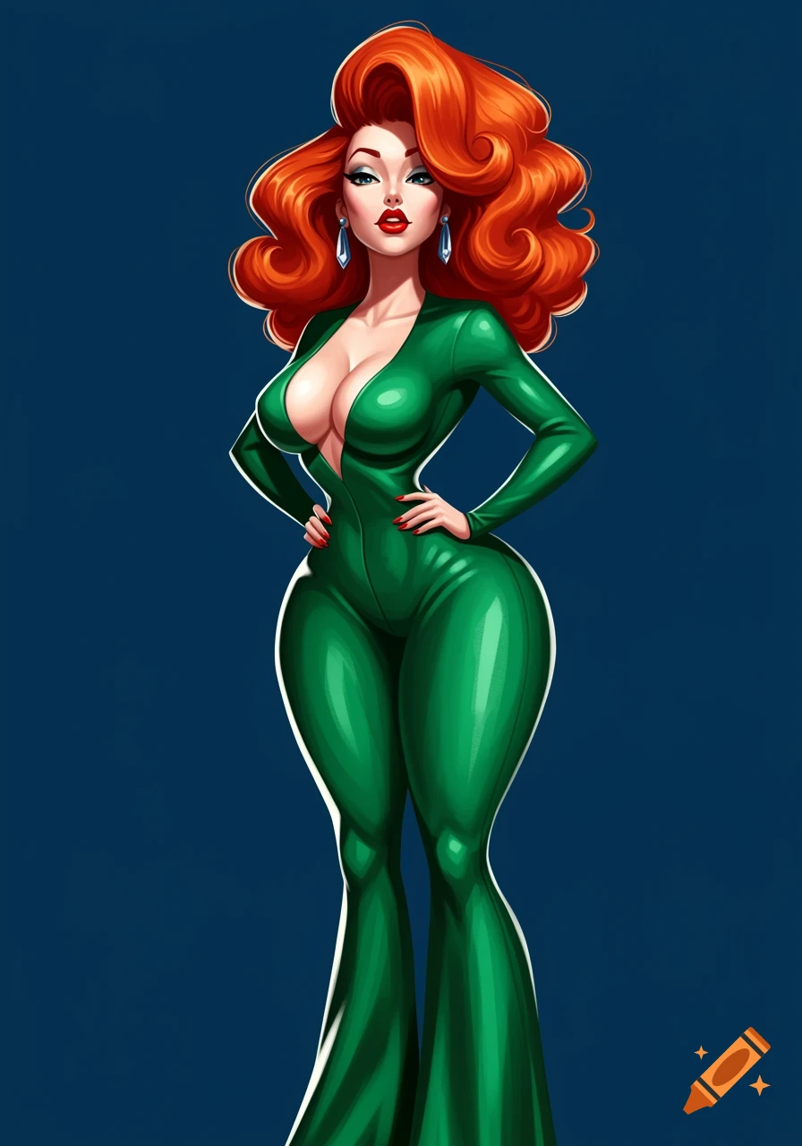 A stylized illustration of a red-haired woman with an exaggerated hourglass figure, wearing a form-fitting green jumpsuit, hands on hips.