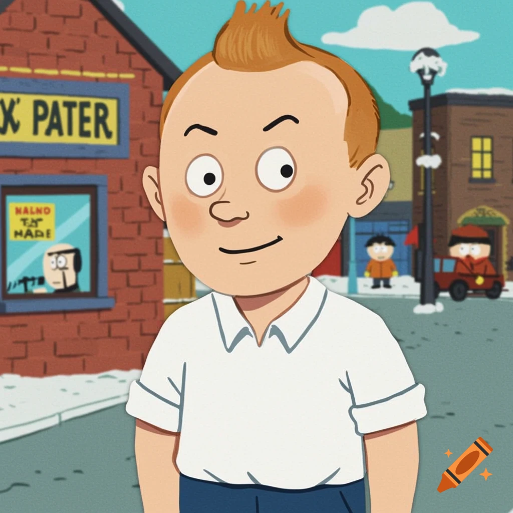 Tintin depicted in the style of South Park, standing on a snowy street with other characters and buildings in the background.