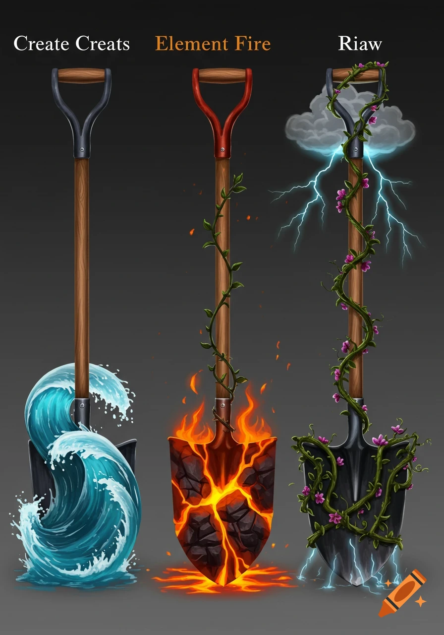 Three fantasy-themed shovels with elemental designs: water with waves, fire with magma, and lightning with vines.