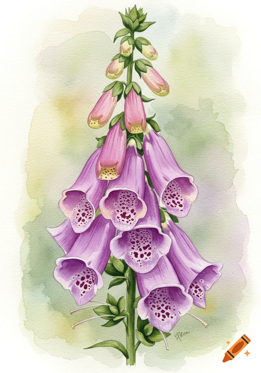 A vibrant watercolor painting of a purple foxglove plant with green leaves against a soft, light background.