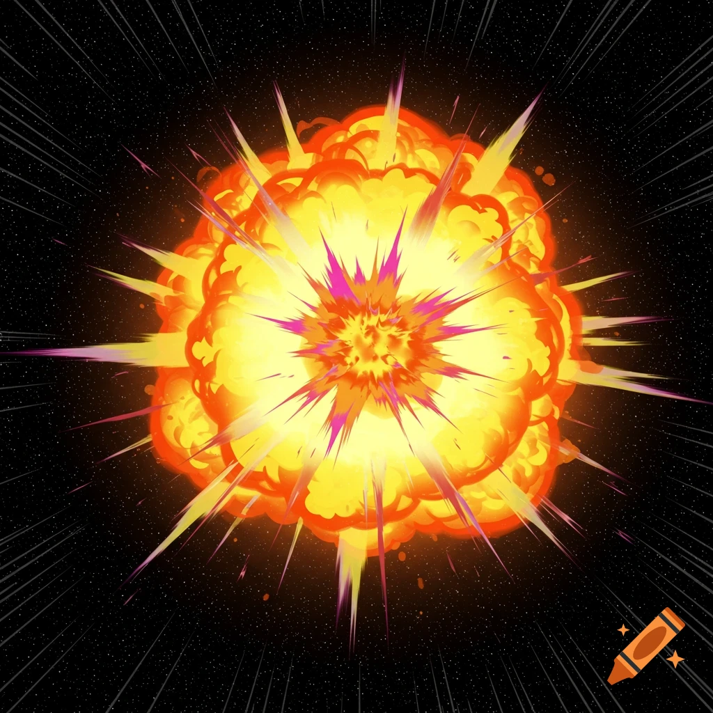 A vibrant cartoon-style explosion of orange and yellow fire with pink and purple energy spikes on a dark starry background.