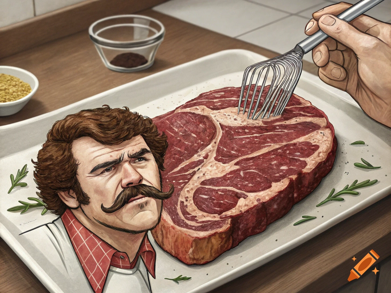 An illustrated image of a man's head with a prominent mustache next to a large raw steak on a white platter. A hand holds a whisk plunging into the steak. Spices are in the background.