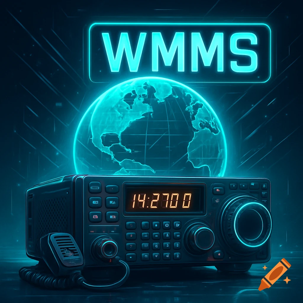 A futuristic ham radio with a glowing neon green globe, displaying 'WMMS' above and '14:2700' on its screen.