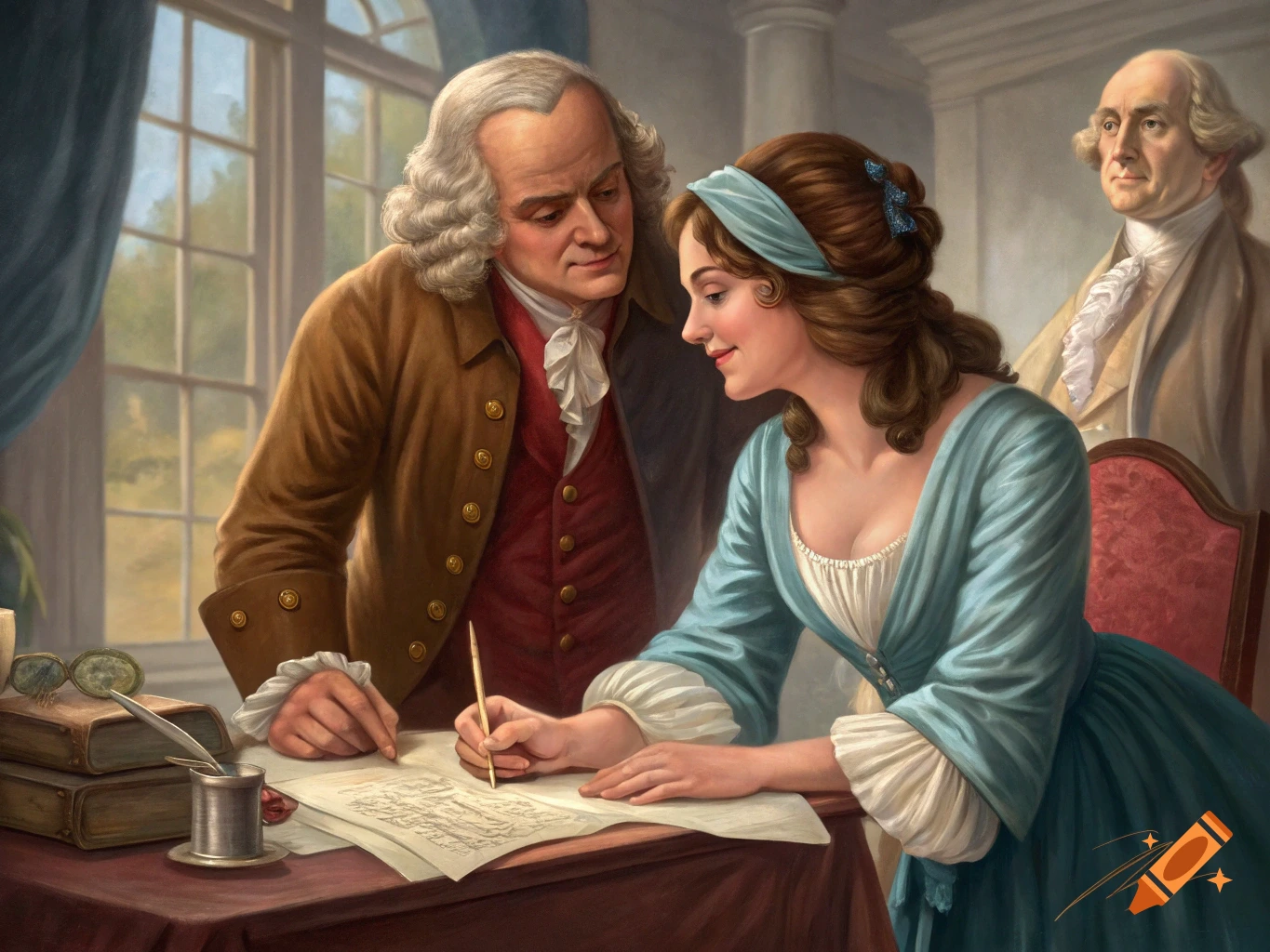 Benjamin Franklin observes a woman signing a document, with Thomas Jefferson in the background, in a historical painting style.