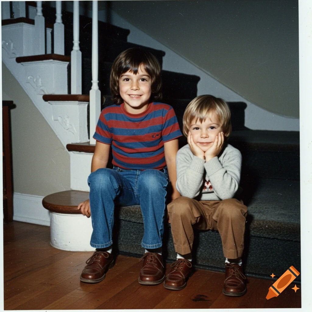 Two smiling boys, one in stripes and jeans, the other in a sweater and khakis, sit on wooden stairs in a 1970s polaroid photo.