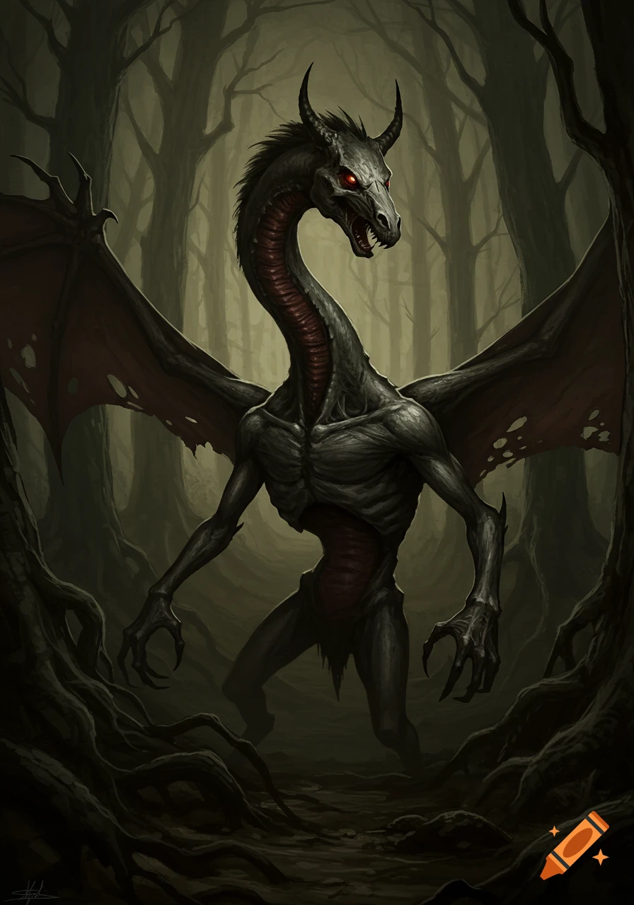 A dark, skeletal, dragon-like creature with glowing red eyes stands in a shadowy, eerie forest.