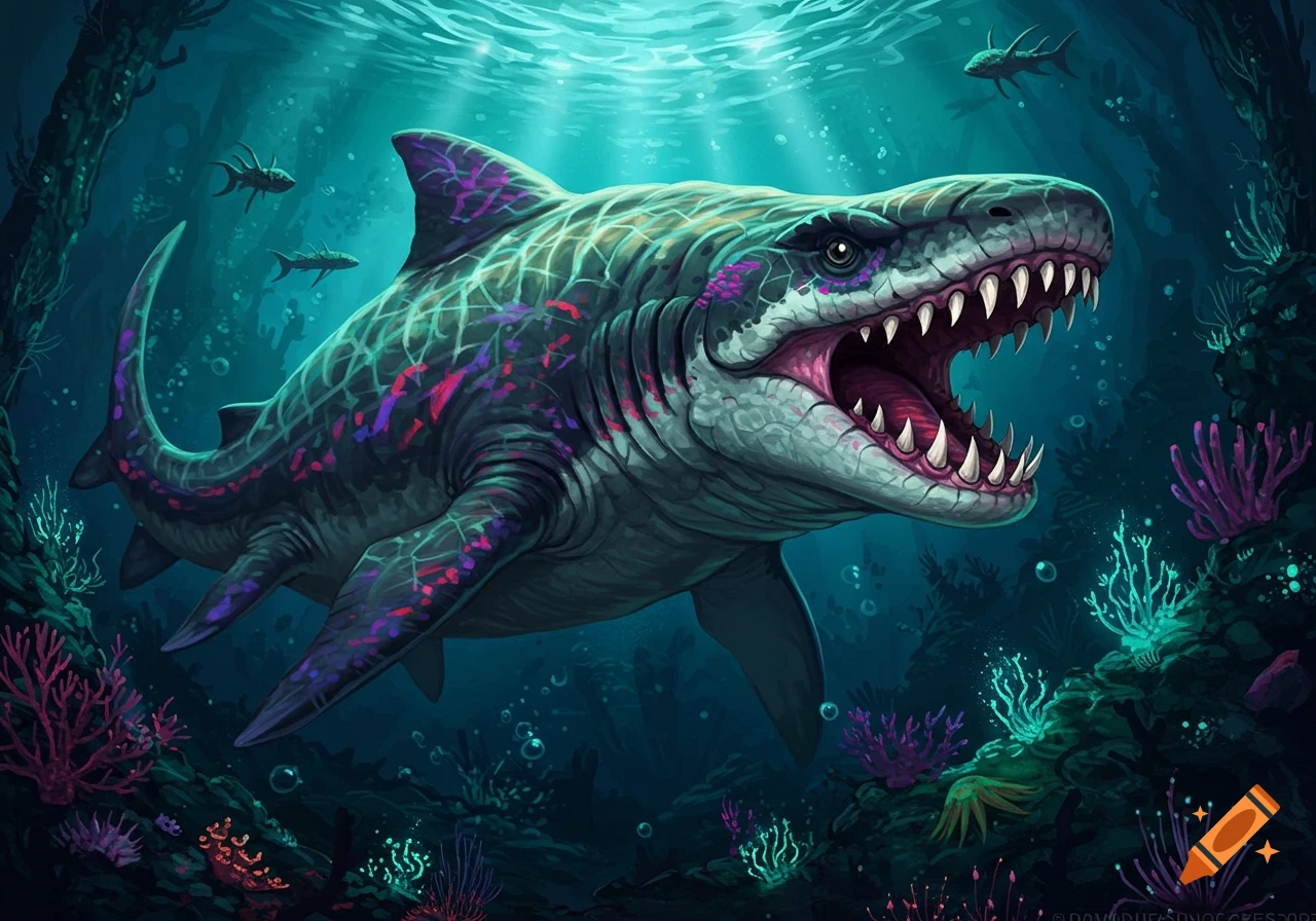 A vibrant, stylized prehistoric shark-like creature with glowing purple and red markings swims through a deep-sea coral reef.