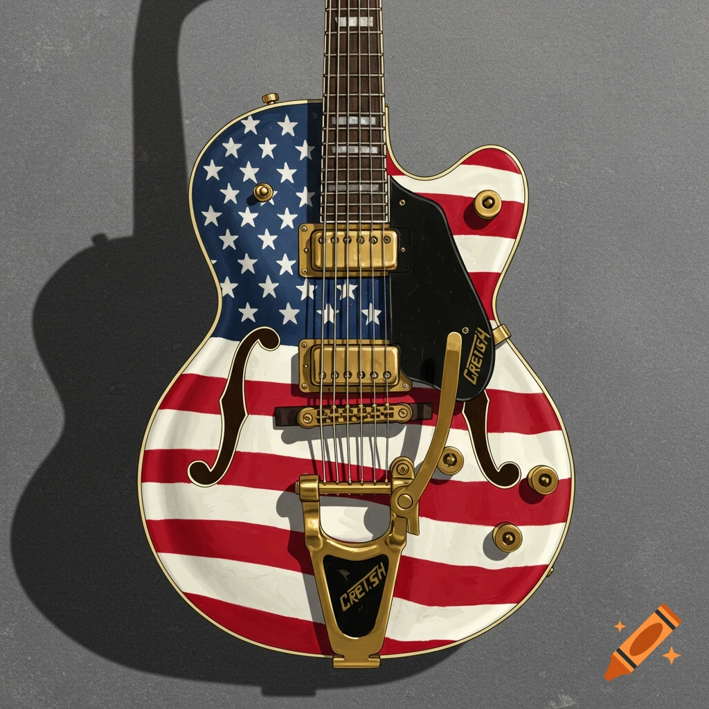 An electric guitar, resembling a Gretsch, with its body painted to look like the American flag.