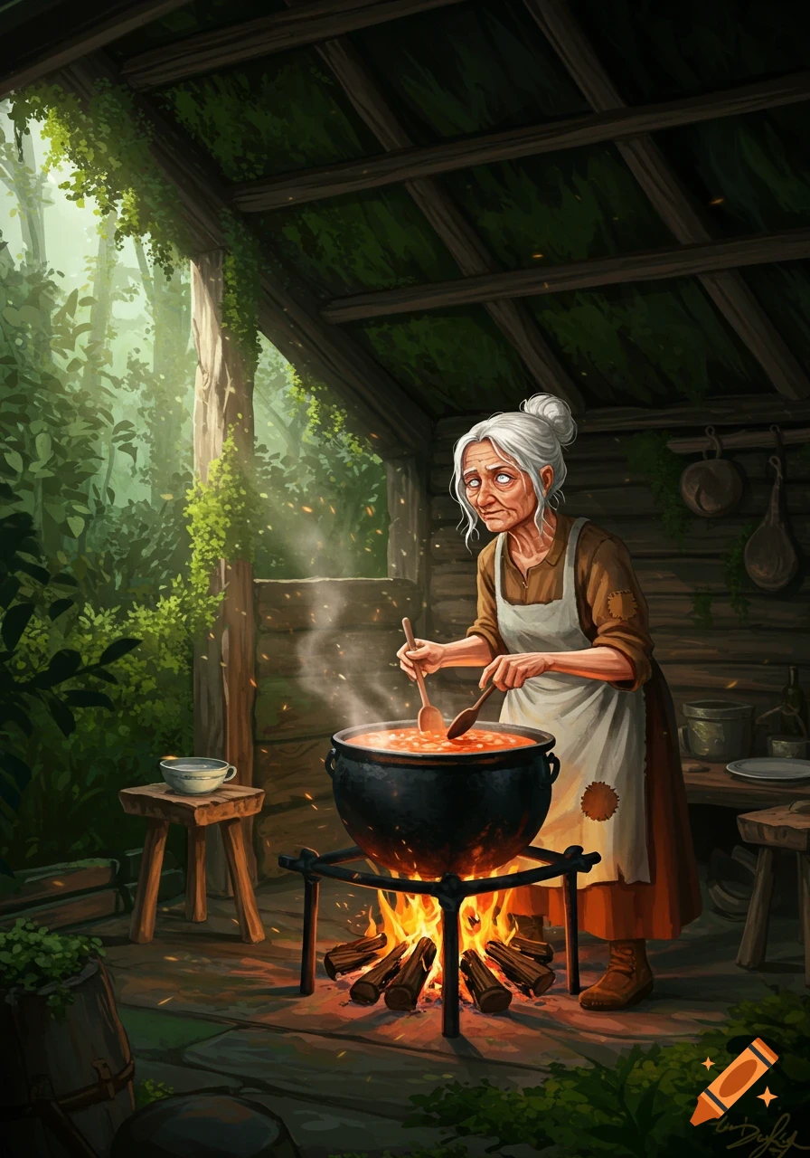 An old woman stirs a steaming cauldron over a fire inside a rustic wooden hut in a sunlit forest, in an illustrated fantasy style.