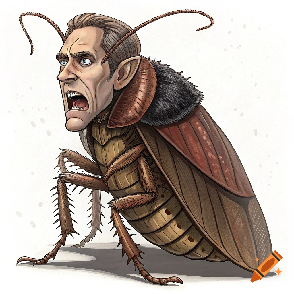 Detailed cartoon illustration of a male caricature's head on a large cockroach body, mouth open in a scream.