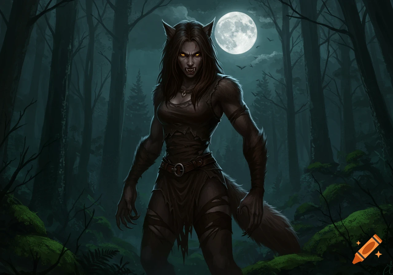 Fierce female werewolf with glowing eyes and fangs in tattered clothes standing in a dark forest under a full moon.