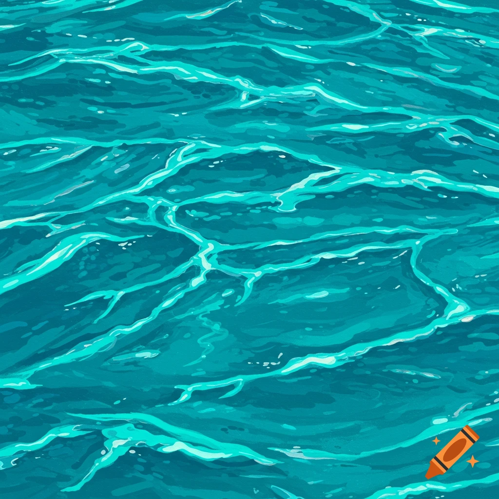 Close-up of highly stylized turquoise water ripples with cartoonish details.