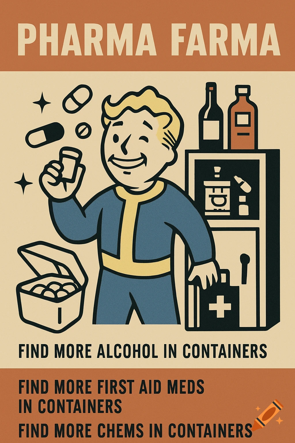 A retro-style poster featuring a winking cartoon character holding a bottle, surrounded by pills, a first aid kit, and alcohol bottles. Text reads "Pharma Farma".