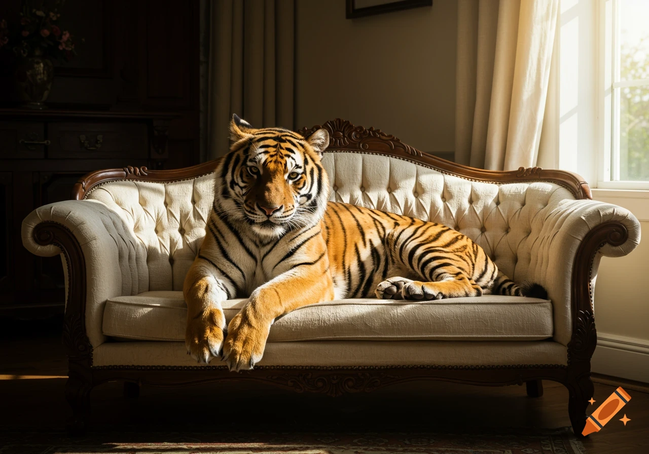 A photorealistic tiger sitting on a couch in a sunlit room.